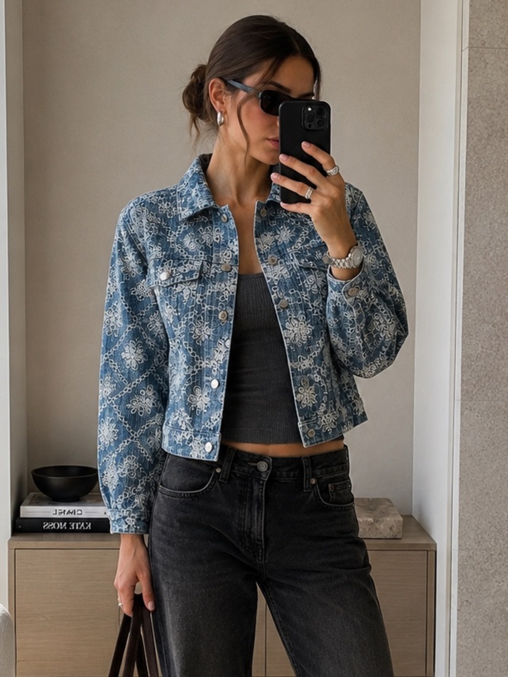 Endless Rose Floral Embroidered Denim Jacket Dusty Blue Size L